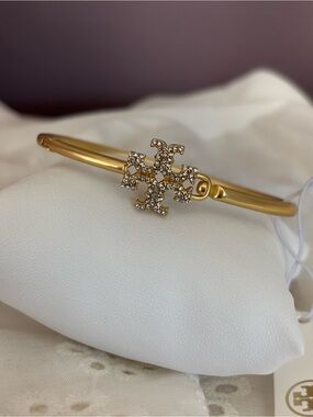 Tory Burch Gold-Tone Crystal Logo Bangle Bracelet